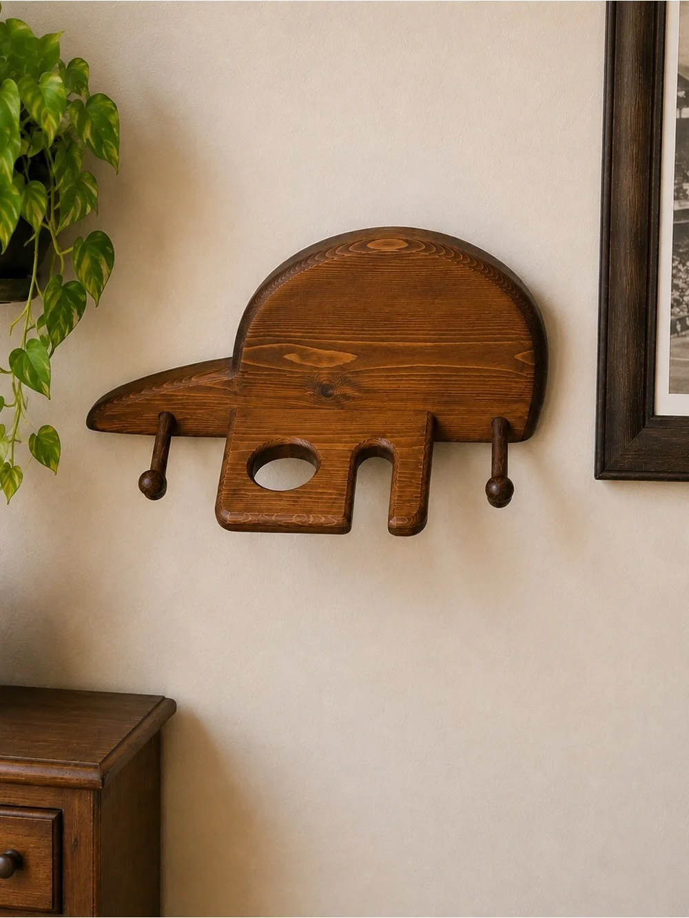 Vintage Baseball Cap-Shaped Wooden Wall Organizer Bat, Ball & Glove Holder